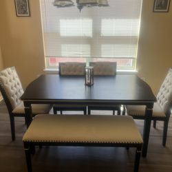 Table, 4 chairs and bench