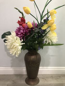Brass Flower Vase With Flowers , Used, 16” H X 7” W