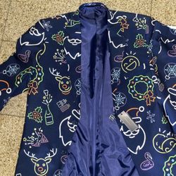 Men’s navy blue Christmas novelty suit neon light-style pattern size 38R/32W