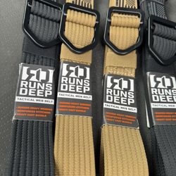 New RUNS DEEP TACTICAL tactical web belt. Belt has rugged heavy webbing, reinforced stitching, and heavy cast buckle. Available in black and tan. Some
