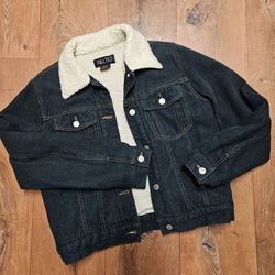 FULL TILT Girls Sherpa Denim Jacket Size Large Button Up Jean BLUE Cropped Short