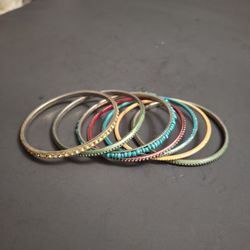 Set Of 7 Colorful With Beads And Rhinestone Bangle Bracelets 2 3/8" Opening 