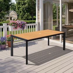 D370-71.4 in. Aluminum Brown Rectangular Outdoor Patio Dining Table with Umbrella Hole