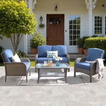 ovios 4 Pieces Patio Furniture Set, Outdoor Wicker Sofa with Coffee Table, Chairs, All Weather High Back Rattan Loveseat Couch with Comfy Cushions, De