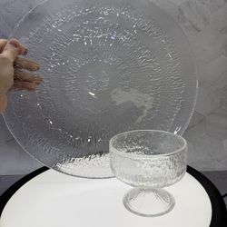 (1) Vintage Indiana Glass Crystal Ice Dessert Sherbet Pedestal Cup & (1) IITTALA Finland solaris Tapio Wirkkala 14” textured platter 1960's. Excellent