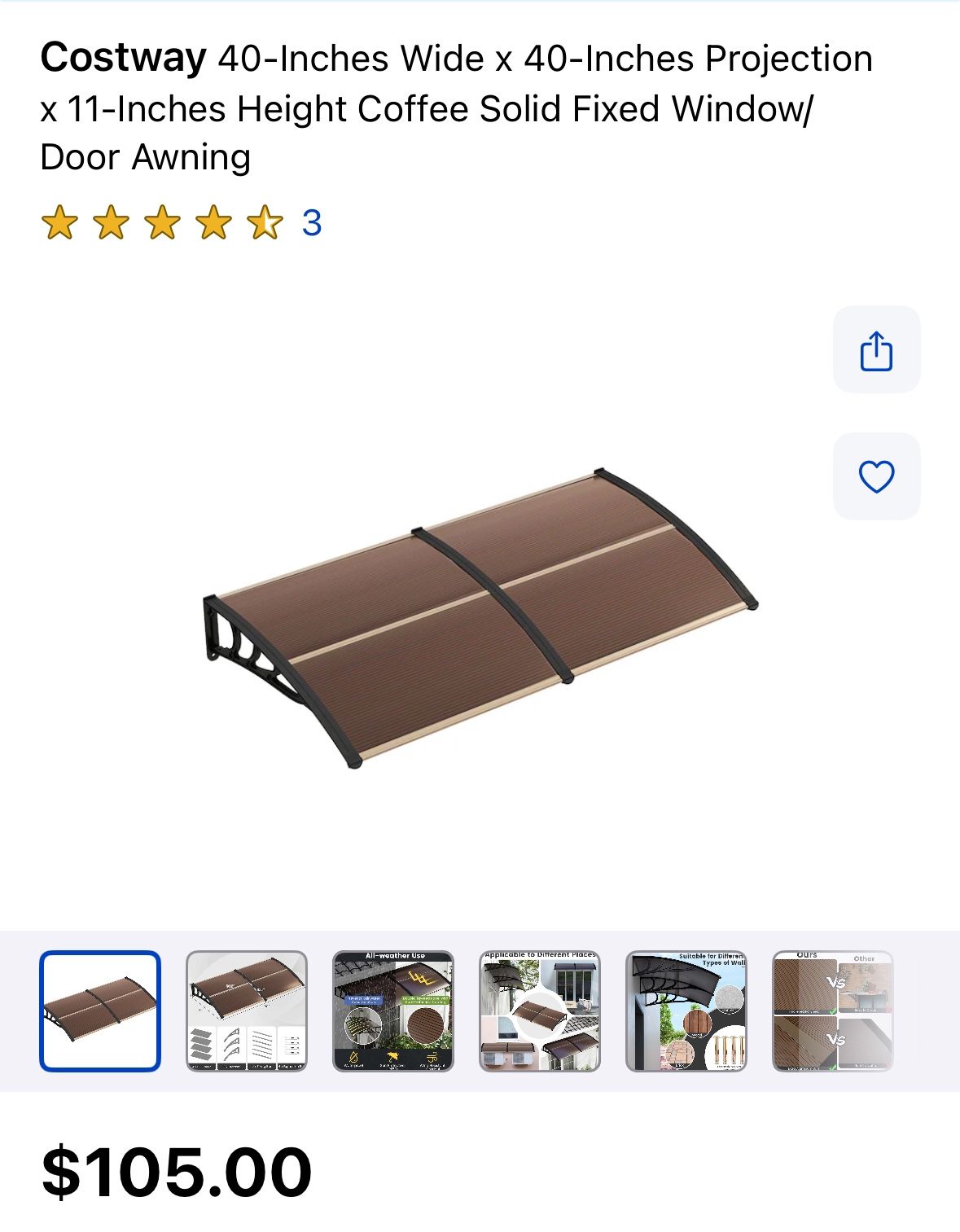 Costway 40 Inches Wide x 40 Inches Projection x 11 Inches Height Coffee Solid Fixed Window/Door Awning