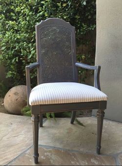 Furniture Arm Chair in Grey Solid Wood with Grey & White Stripe Cushion