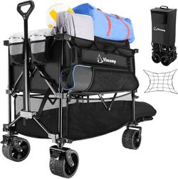 485LBS Double Decker Wagon, Beach Wagon Carts Foldable Heavy Duty Collapsible Wagon Garden Cart Grocery Cart Beach Wagon with Big Wheels for Sand Shop