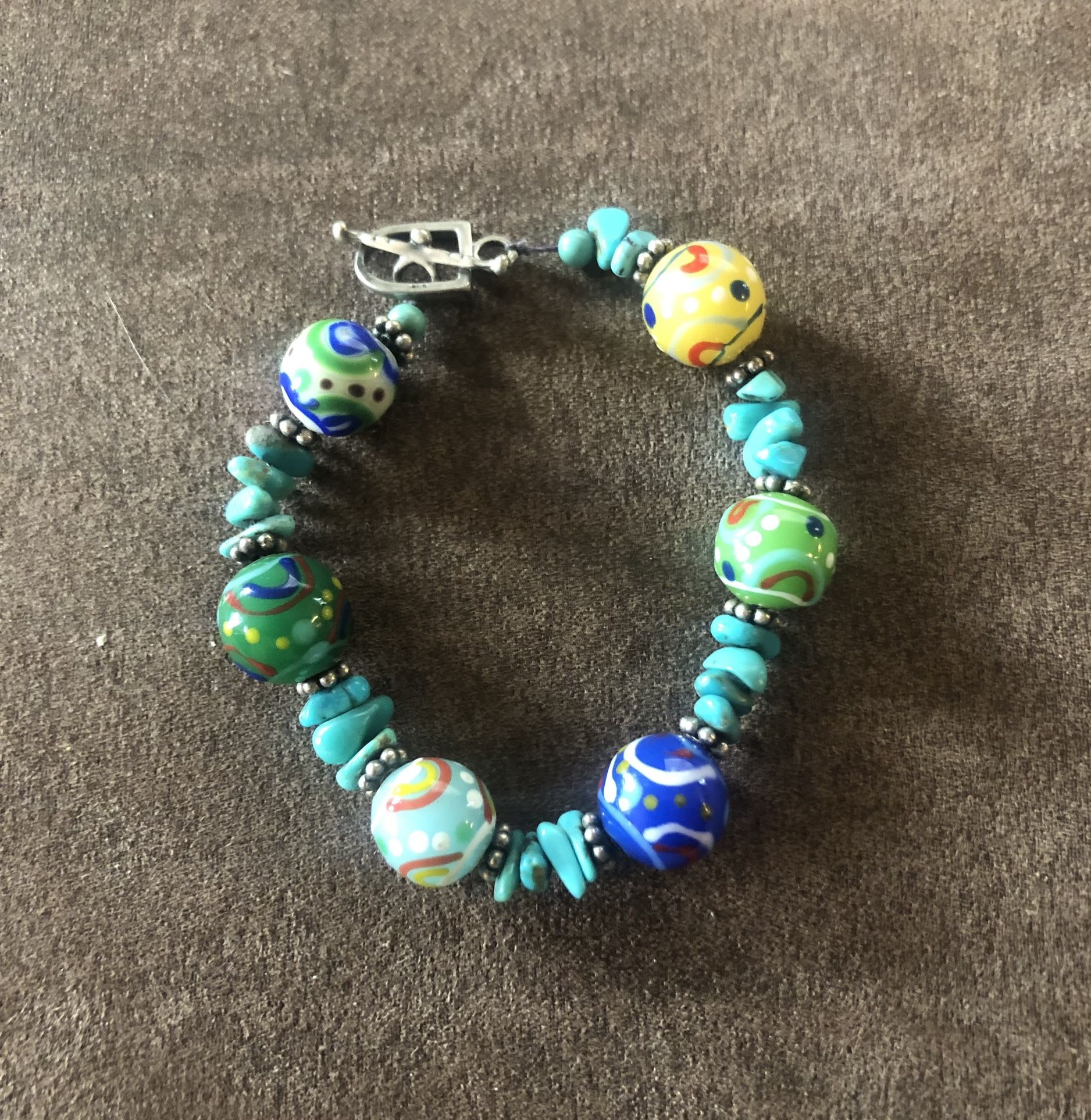Beautiful Sterling Silver Murano Glass Beads With Turquoise 8” Vintage Toggle Bracelet-Not Marked-But TESTED