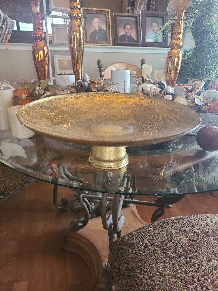 Large Gold Pedestal Dish. Has Chip On Bottom Foot