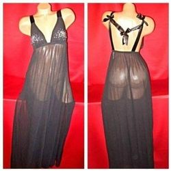 VICTORIA'S SECRET VERY SEXY SHEER BLACK BLING LINGERIE GOWN DRESS BABYDOLL  COVERUP