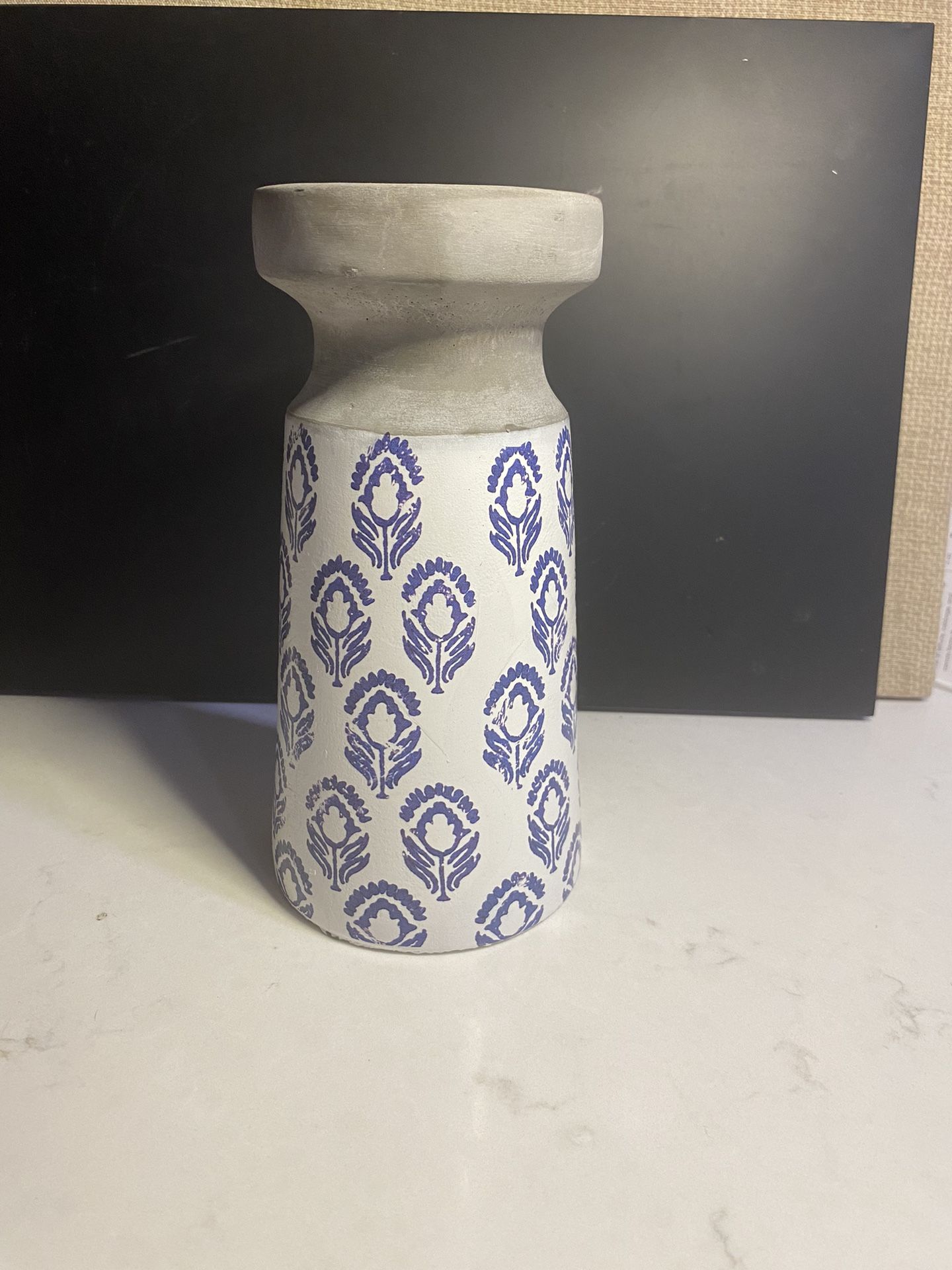 Cement, Blue And White Candle Holder