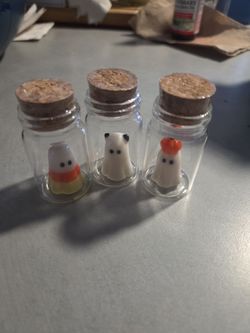 Miniature Halloween Ghost Figurines in Cork Jars