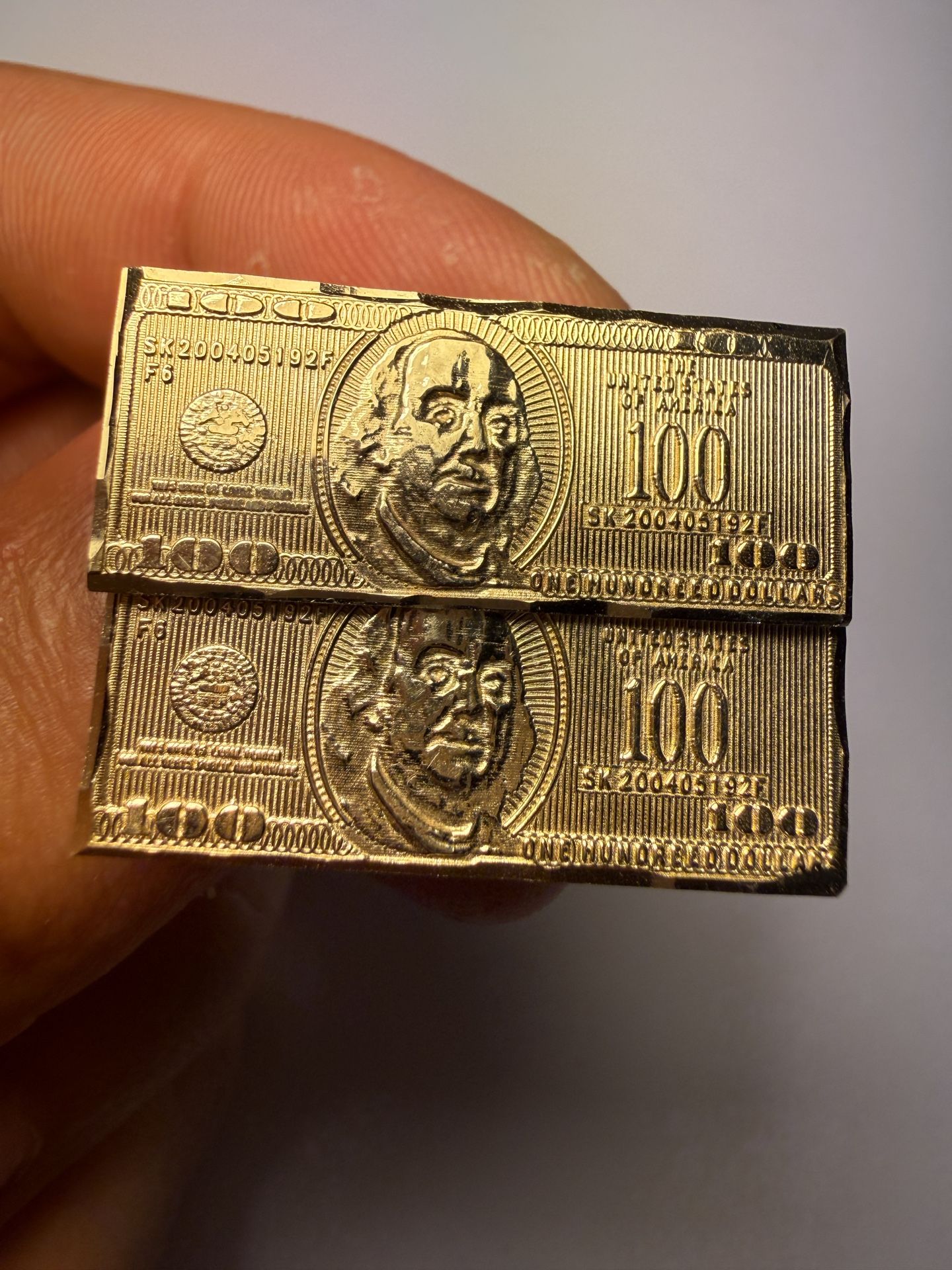 Real 10k Yellow Gold One Hundred Dollar Bill Rectangle Stud Earring 0.5” Inches Tall 28mm Wide