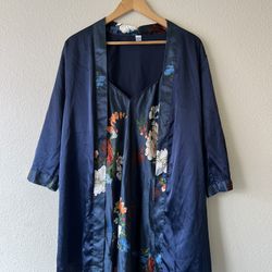 pajamas - Solid Satin Nightdress & Drop Shoulder Belted Robe(L, 165-170cm)