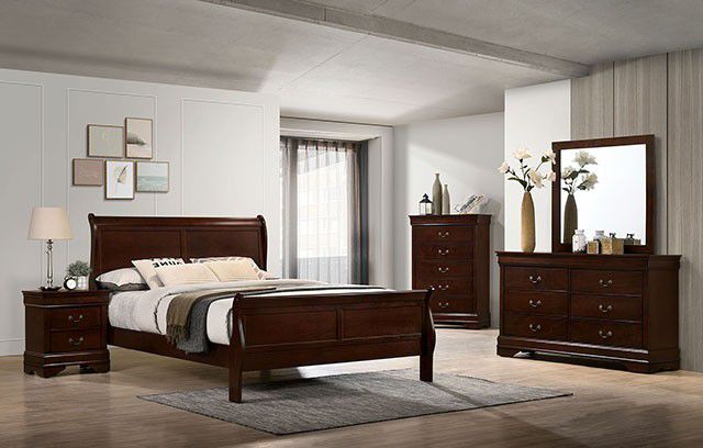 Cherry Queen 4 Piece Bedroom Set- Queen Bed, Nightstand, Dresser& Mirror 
