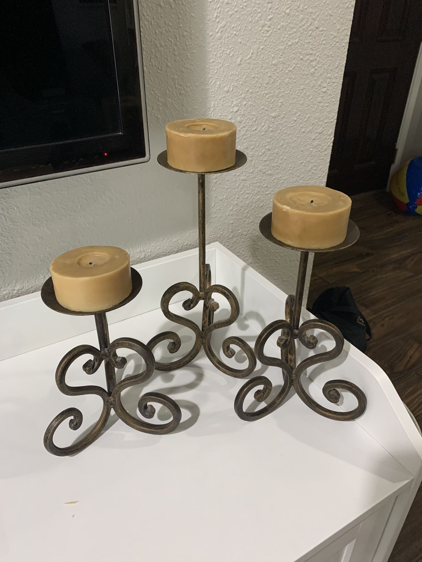 3 Wrought Iron Candle Holders And Candles 
