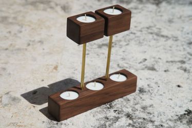 Two-tier Walnut and Brass Tea Light Holder for five candles