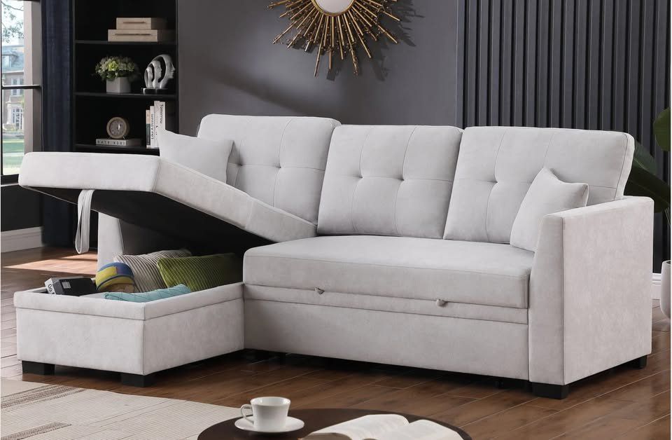 NEW Convertible Sectional Sofa and Storage Chaise Set Pull Out Sleeper Bed Set Light Grey Navy Black Gray Fabric Pullout SofaBed Furniture Big SALE