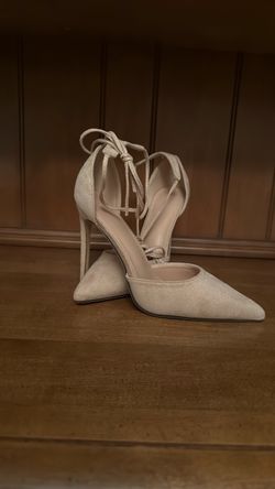 Nude Suede Pointed-Toe Lace-Up Heels