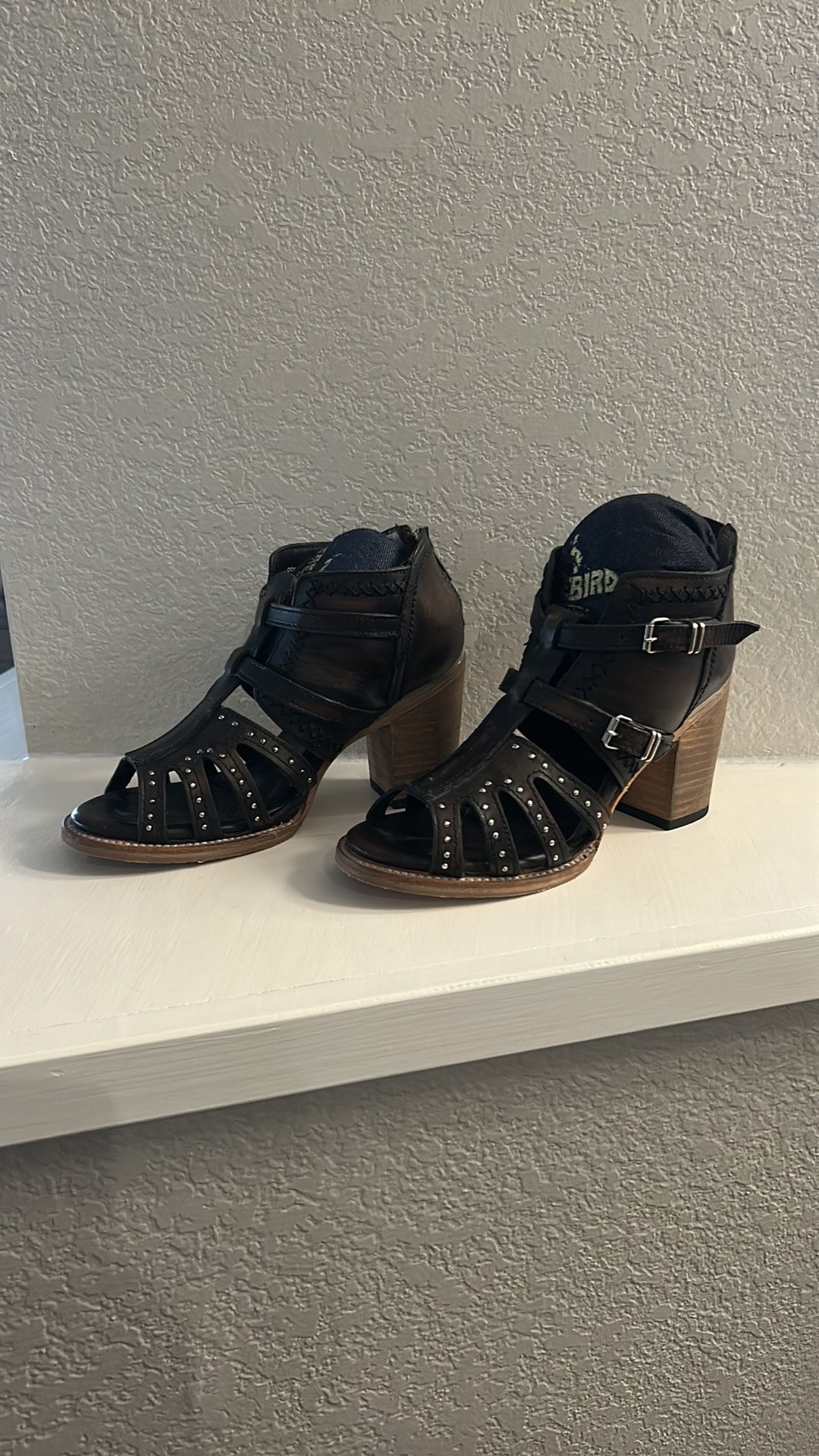 Worn Only Twice! Freebird Black Heeled Boots with Strappy Design
