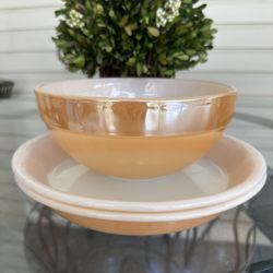 Vintage Ovenware Anchor Hocking "Fire King" Peach Luster Pie Dishes & Nesting Bowl Set of 3 USA