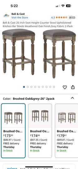 Two Bar Stools kitchen, Ball & Cast 26 Inch Seat Height Counter Stool Upholstered 