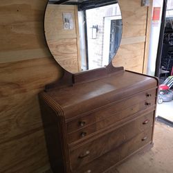 Vintage Dresser And Round Mirror 