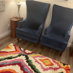 One Pair Luxury Blue Velvet Tall Wingback Accents Chair  