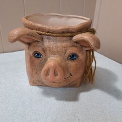 Ceramic Blue eyed Piggie Planter Burlap Sack Design 7" 