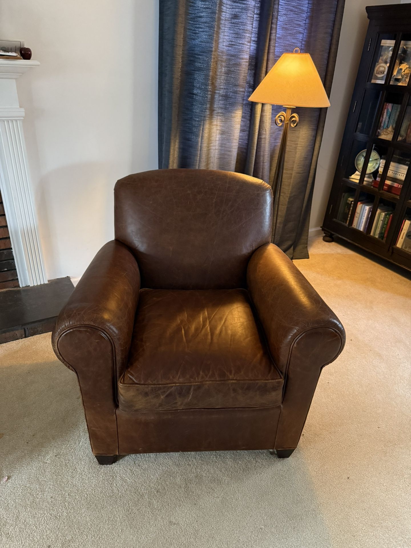Pair of matching Crate & Barrel leather club chairs & ottoman