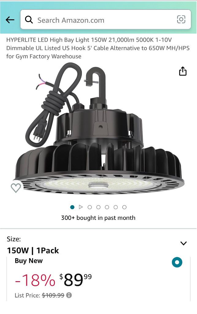HYPERLITE LED High Bay Light 150W 21,000lm 5000K 1-10V Dimmable UL Listed US Hook 5' Cable Alternative to 650W MH/HPS for Gym Factory Warehouse