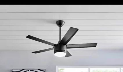 Merwry 48 in. Integrated LED Indoor Matte Black Ceiling Fan with Light Kit and Remote Control. Home Decorators Collection Model # SW1422/48in/MBK