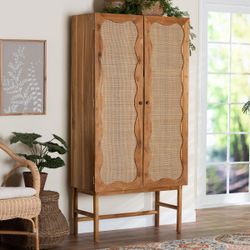 Teak Wood Cabinet - 2-Door Woven Rattan Organizer, Sculptural Boho Storage For Home