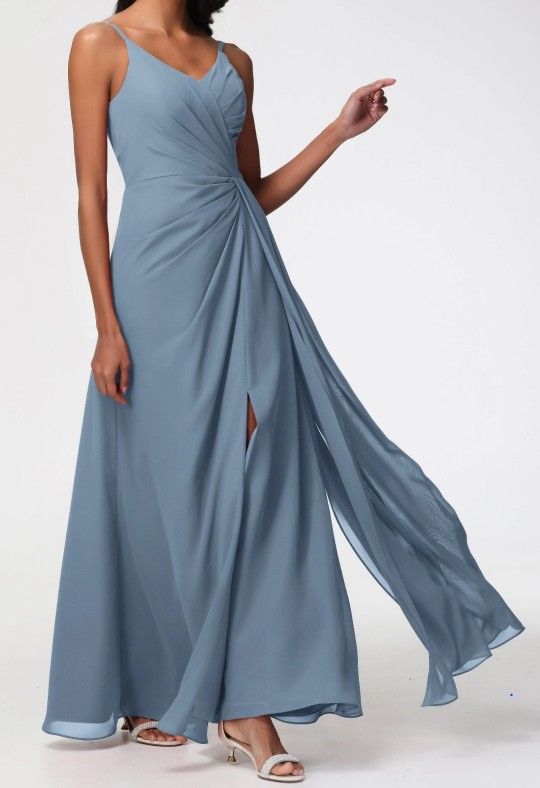 🌺Dusty Blue A-Line Pleated Chiffon Dress🌺