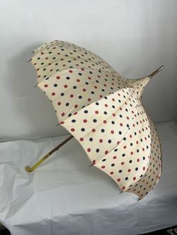 Vintage Polka Dot Parasol Umbrella with Yellow Crook Bakelite Handle