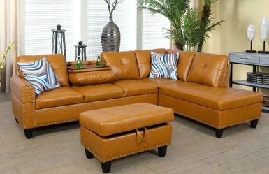 Carmel leather sectional couch and ottoman