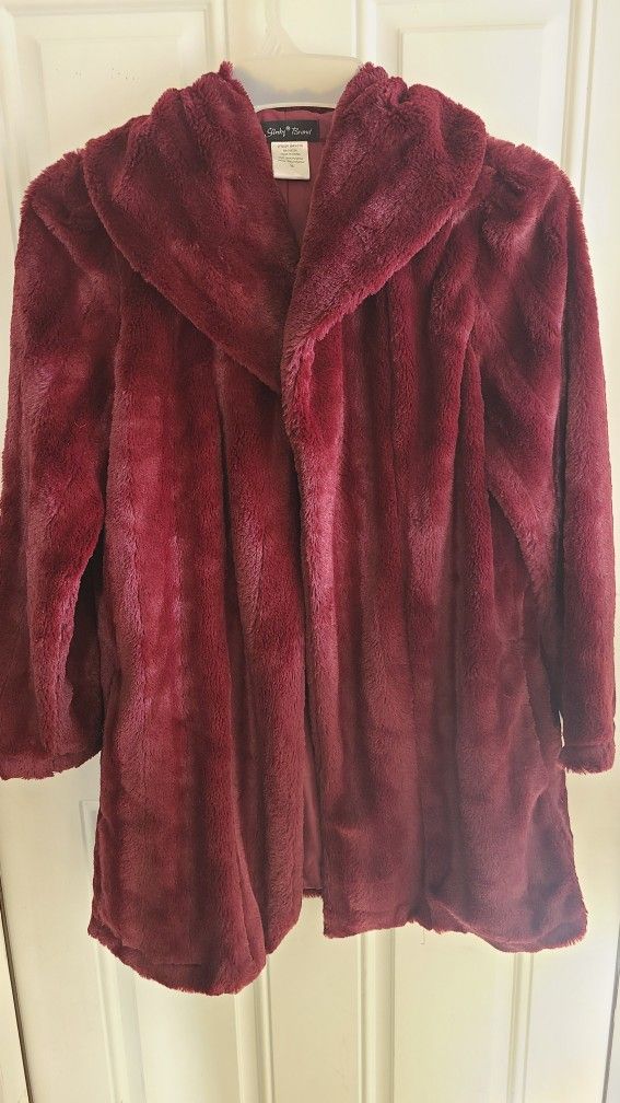 NEW HSN Slinky Brand shawl collar faux mink Fur burgundy coat jacket medium 10-12 100% poly 2 Pocket