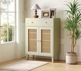 F1880 new in box Shoe Cabinet for Entryway, 4-Tier Shoe Organizer with Adjustable Shelves & Drawer, Freestanding Mint Green Shoe Cabinets with Rattan 