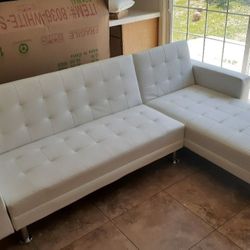 WHITE Tufted Faux Leather Futon Sectional Sofa 