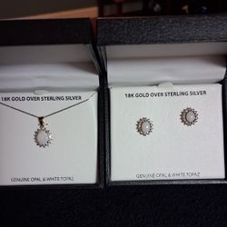 Beautiful 18K Gold Over Sterling Opal Earrings And Necklace Set