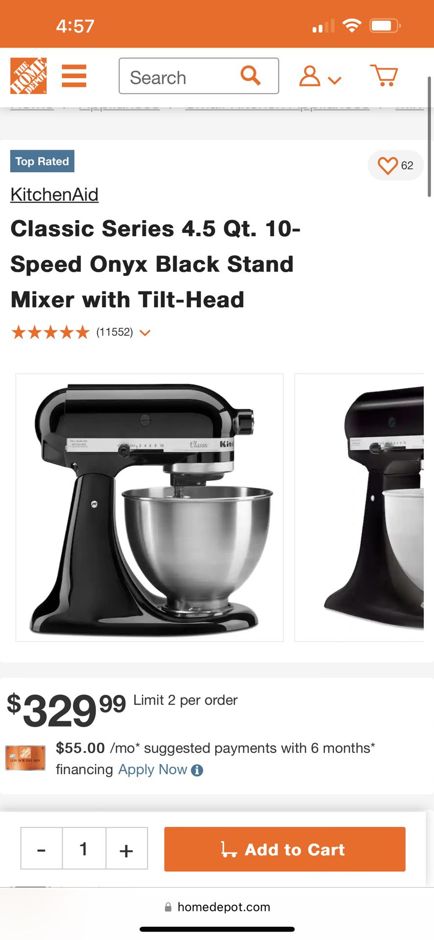 KitchenAid Classic Plus Onyx Black 4.5 qt 10 speed Stand Food