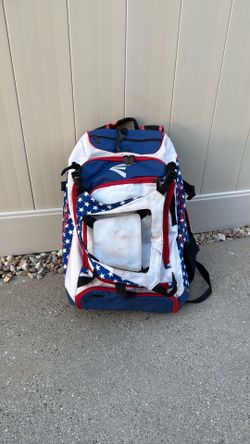 Easton softball bag, backpack style, red, white, and blue