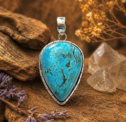 Large Natural Teardrop Turquoise Gemstone Silver 2” Pendant.
