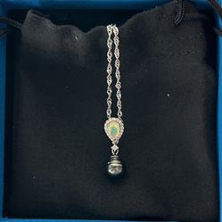 Black Pearl w/ Opal Stone Charm w/ Chain