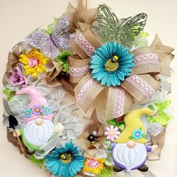 Handmade Flower Spring Gnomes Butterfly Wreath Home Decor Burlap Bow Pastels