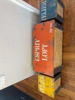 Set of 3 Industrial Vintage Storage Trunks / Side Tables – Wood & Metal