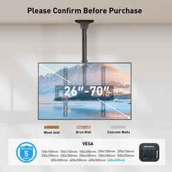 Ceiling TV Mount for 26-70 inch TVs ,6 Adjustable Height Setting Full Motion Hanging TV Wall Mount Bracket, Holds up to 110lbs, Max 400x400mm
