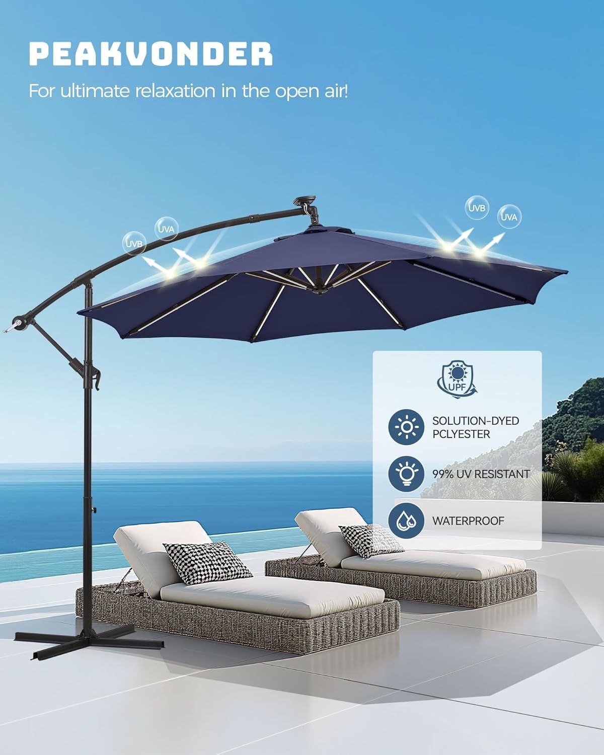 10ft Offset Patio Umbrella, Large Cantilever Umbrella Outdoor Patio with Solar Lights, Dual Charging