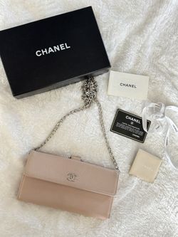 Authentic Chanel Coco Mark Sevruga Caviar Skin Flap Long Wallet On Chain Pink